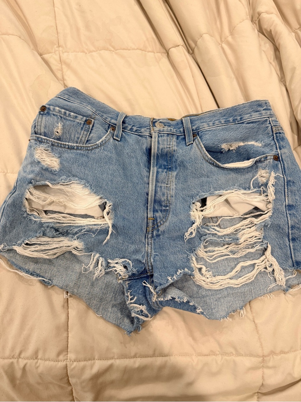 Distressed Levi  High-Rise Light Blue Denim Shorts - Women